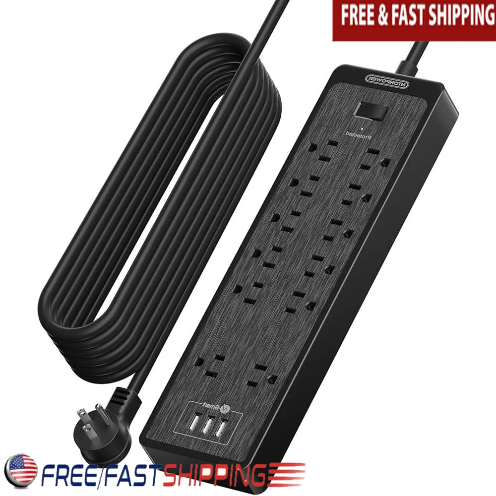 

25FT Extension Cord Flat Plug Power Strip 12 Outlets 3 USB Surge Protector Overload Protection Home Office