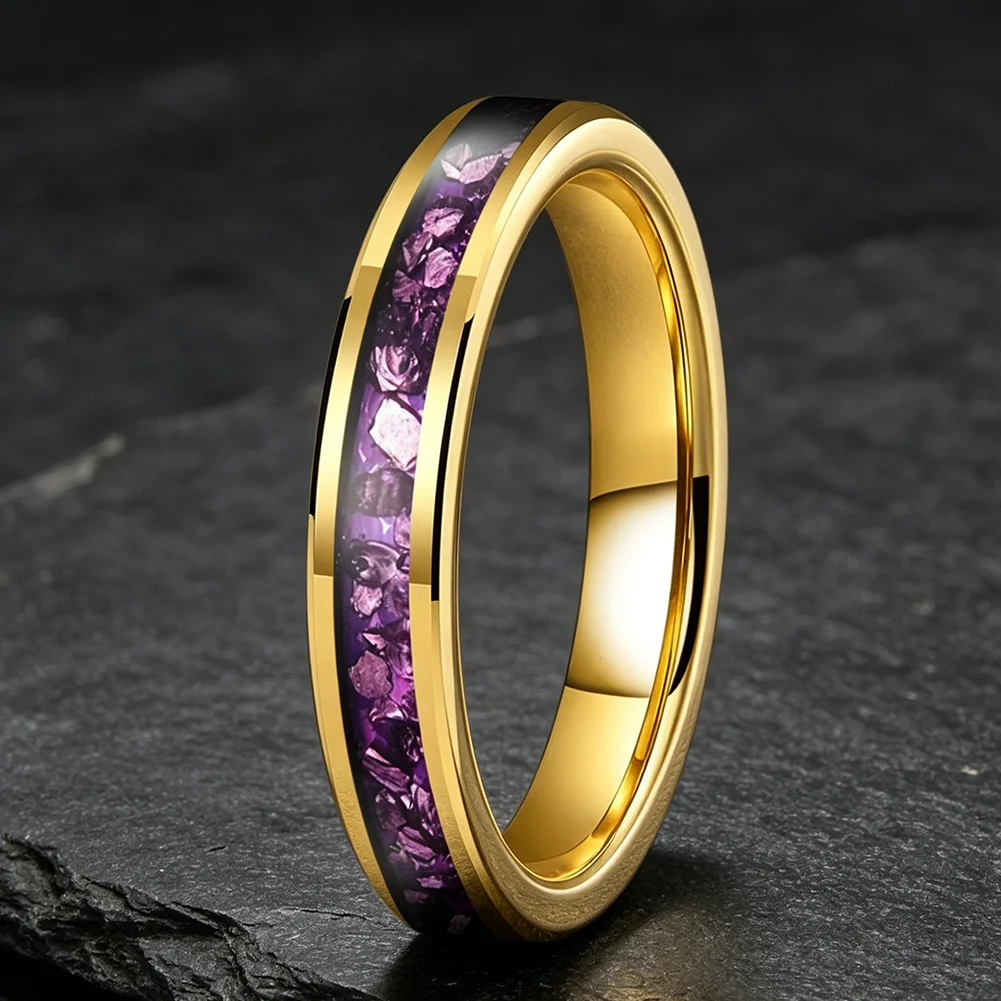 4mm Wolframringe mit Lila Edelstein-Einlage, Modeschmuck, Verlobungs- und Eheringe für Männer und Frauen, Poliert Glänzend, Komfortabler Sitz – Detail 16