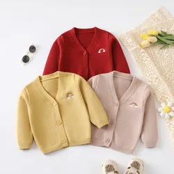 Fall Winter Kids Baby Clothes Rainbow Embroidery Boys V-Neck Sweater Girls Soft Loose Cardigan Coat