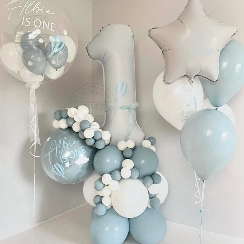 68PCS Blue and White Balloon Star Column Blue Digital Balloon Birthday Gender Wedding Ball Bridal Shower Anniversary Decoration