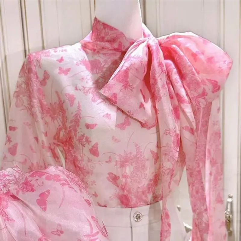 Flower Painted Shirt Spring/Summer 2023 New Fashion Butterfly Print Shirt Lace Up Sweet Top women blouse