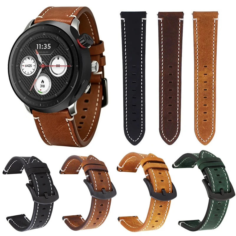 Correa de reloj de cuero genuino vintage para Motorola Moto Watch 2026, correa de repuesto para accesorios Moto Watch 2026