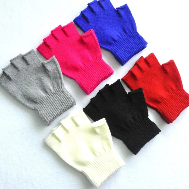 1Pair Black Short Half Finger Gloves Unisex Knitted Elastic Warm Wrist Glove Solid Color Winter Soft Guantes Cycling Accessories