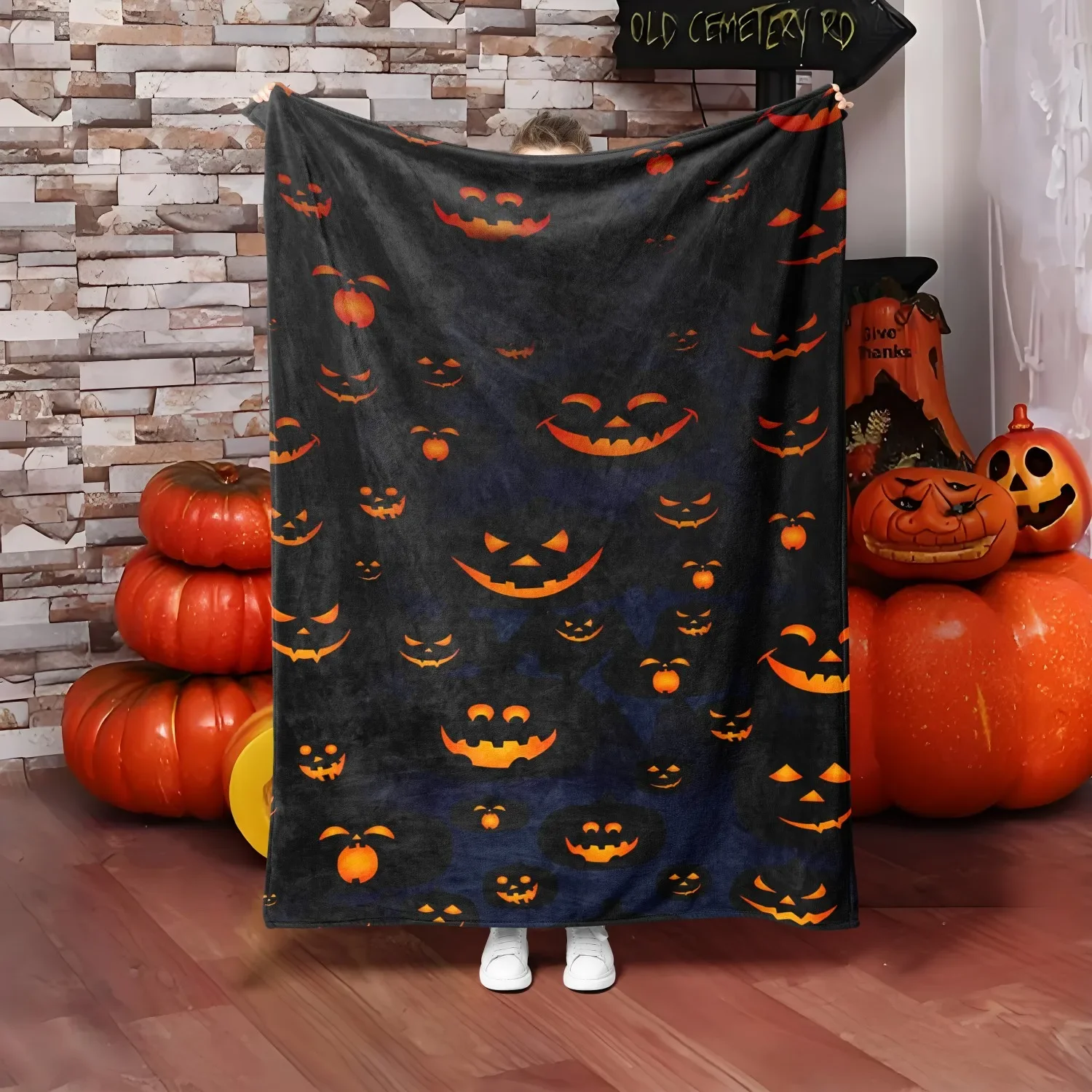 Spooky Halloween Cemetery Pumpkin Patch Throw Blanket Cozy Fall Decor for Autumn Party Night