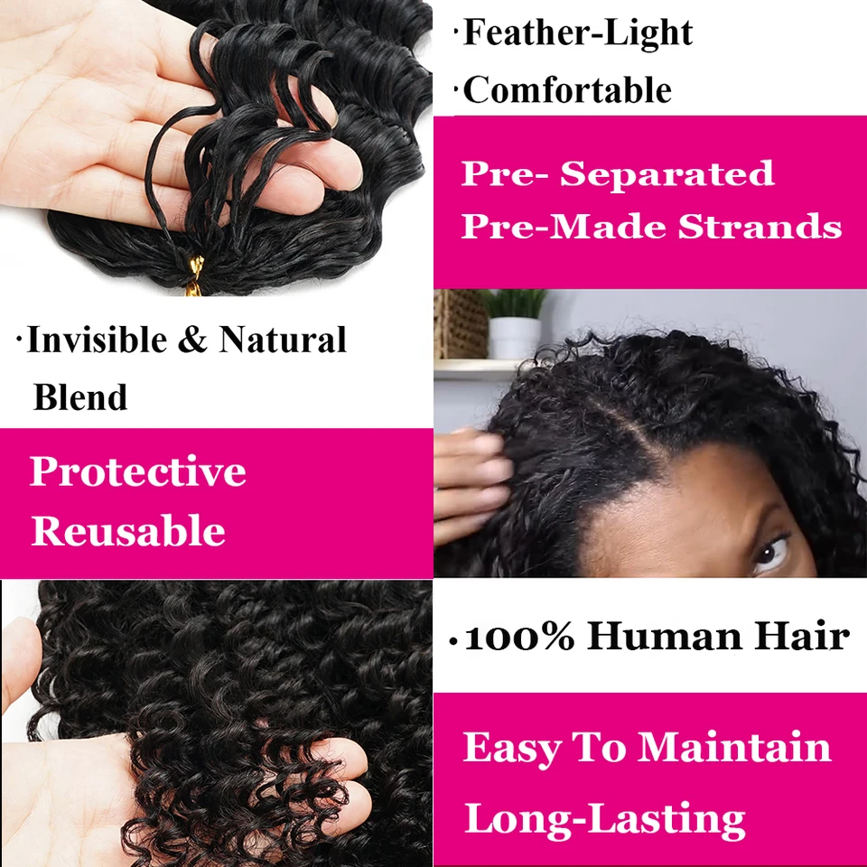 Cabello Humano Crochet Miracle Knots Rizado Birmano Onda Profunda Pre Separado Pluma 100% Cabello Humano 3