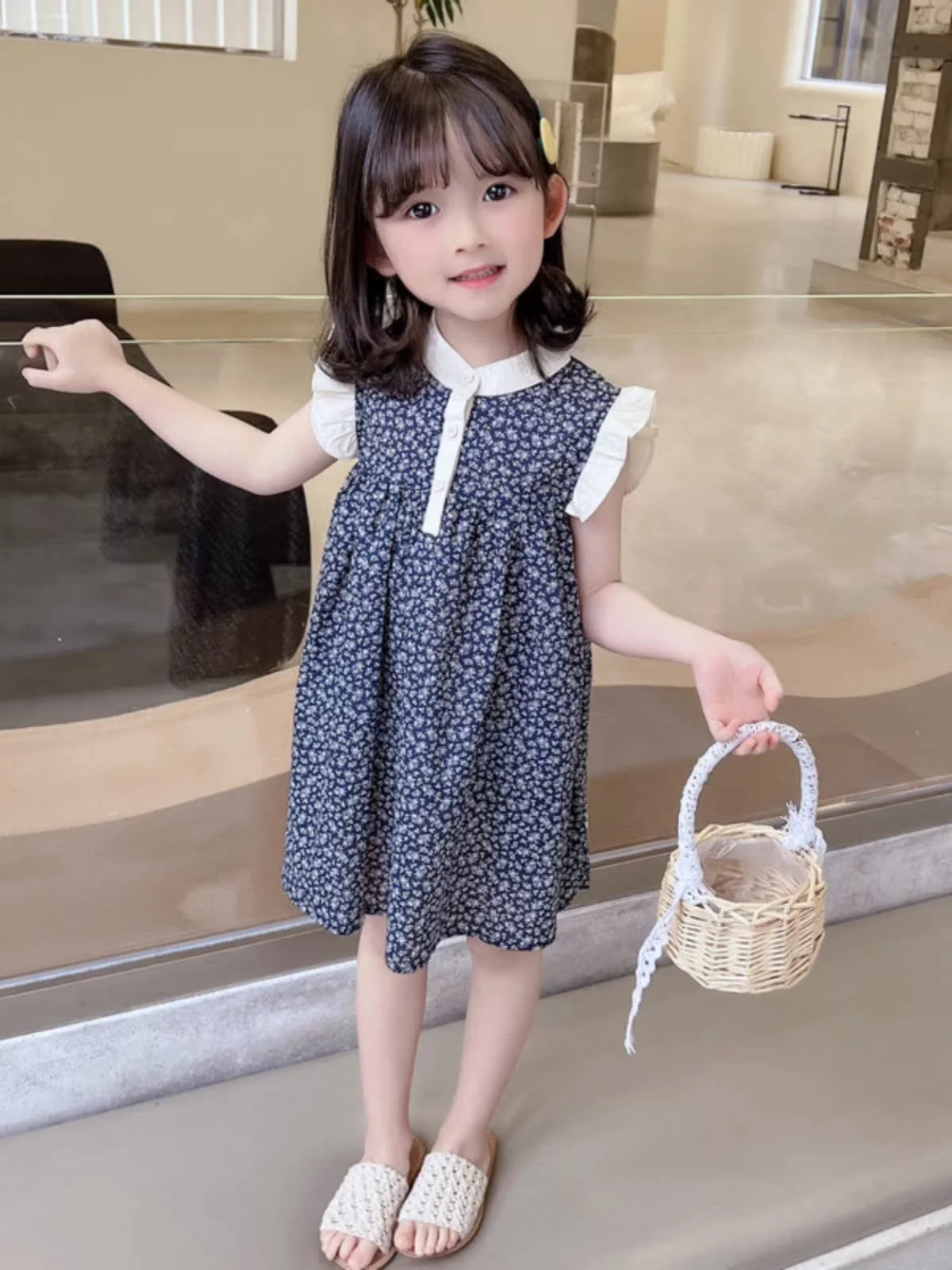 プリンス・スレ 花柄プリント ガールズ ドクター・サマー 新作 韓国版 ベビーガール ドクター コットンブレンド オルト・スヴェ ラウンドネック