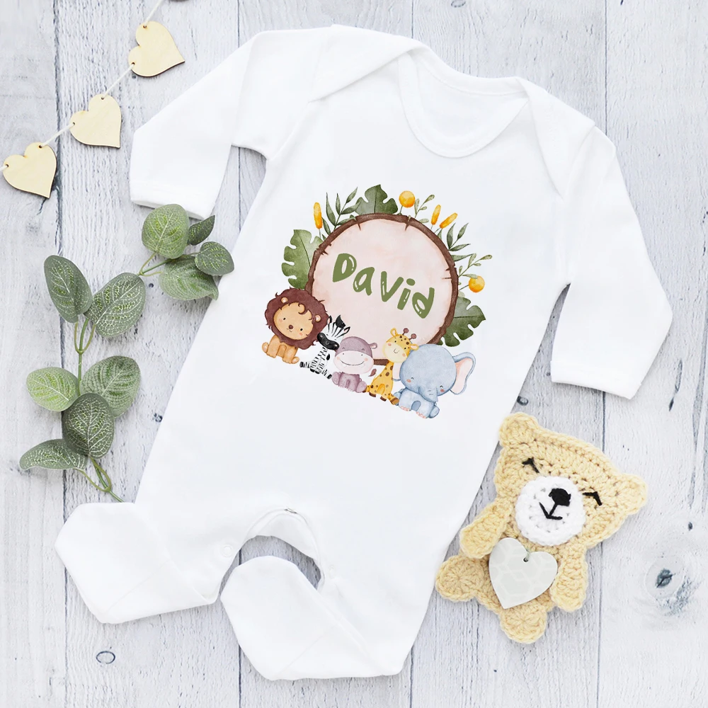 Personalised Baby Babygrow Sleepsuit Custom Safari Animals Wreath Infat Sleepsuit Boys Girls Clothes Newbron Coming Home Outfits