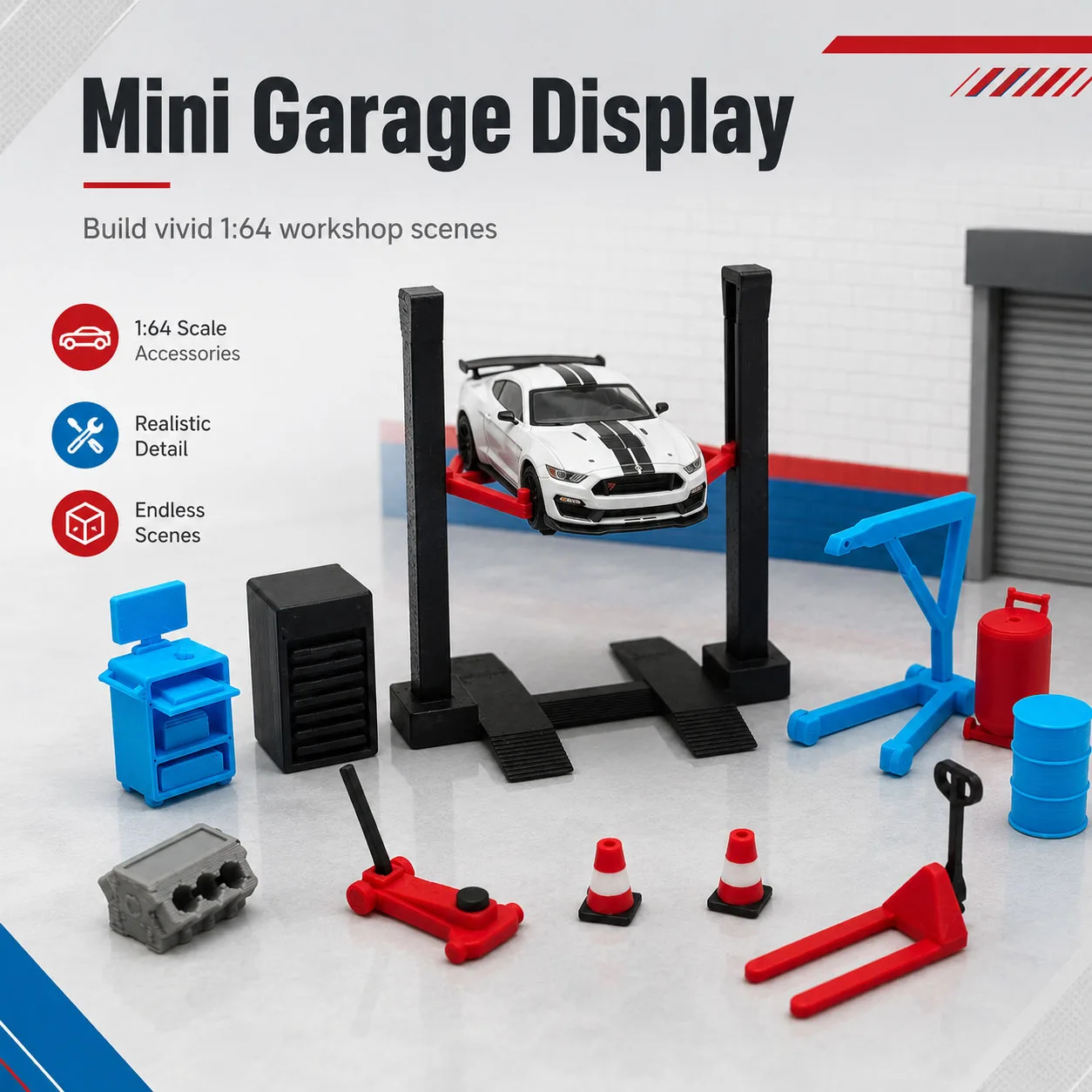 1:64 Garage Workshop Miniature Accessory Set, Car Lift Tools, Repair Shop Diorama Display Decor for Model Cars