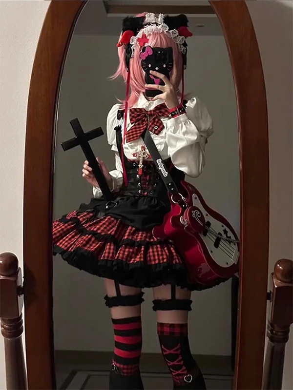 Sweet American College Style Rock Girl Small Idol Set Lolita Skirt School Uniform Fashion Ensemble Short Sleeve round Neck