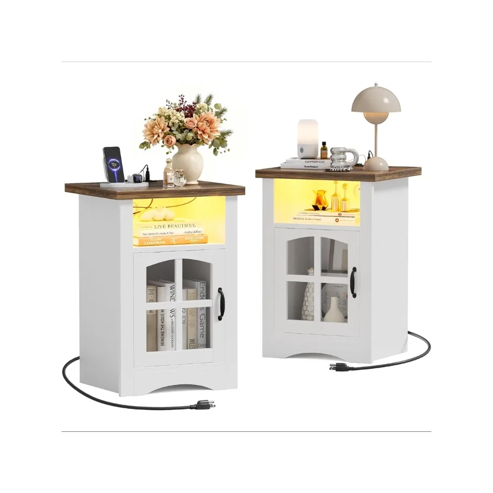 

Торцевой столик с зарядной станцией, светодиодная открытая полка, стеклянная дверь, шкаф, тумбочка для фермерского дома, 20 Вт, приставной столик с быстрой зарядкой для гостиной