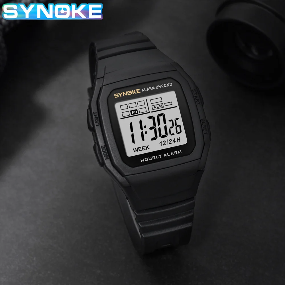 SYNOKE Digital Watch Men Sports Electronic Watch Waterproof Night Glow Large Screen Square Student Watch Outdoor Running Camping