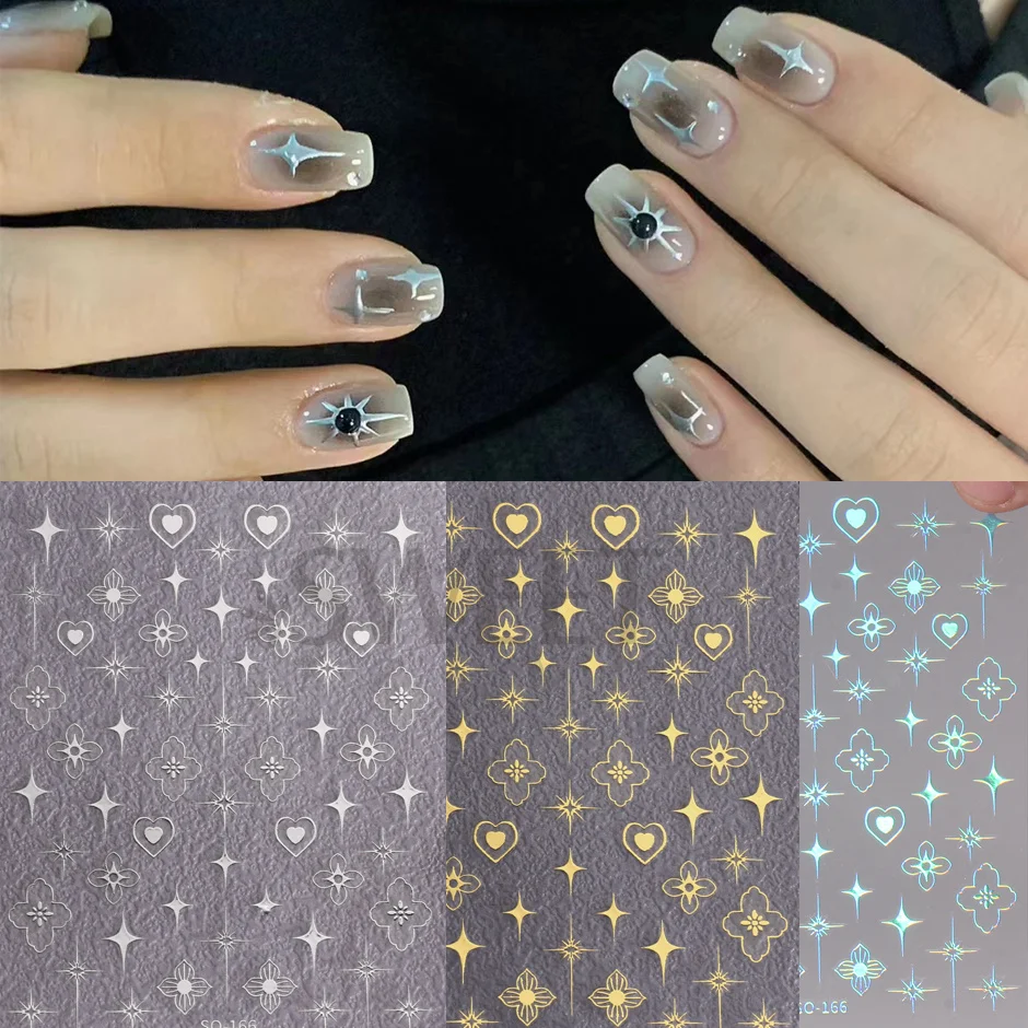 3D Flower Totem Pattern Nail Decals and Stickers Filigree Bohemia Manicure Sliders Y2K Stars Moon Bronzing Frame Nail Art Decor