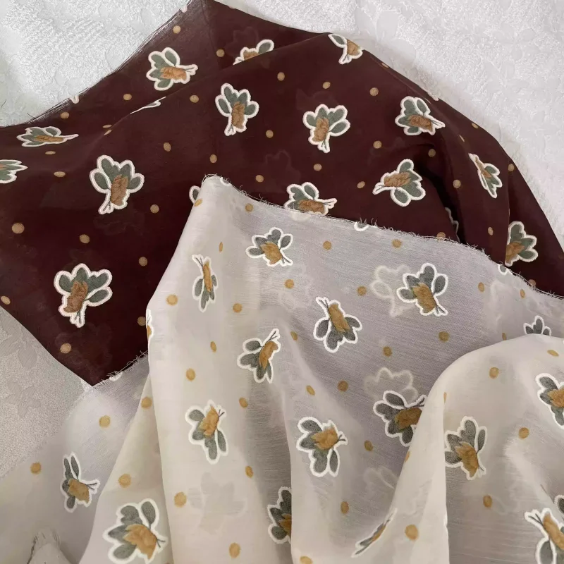 

Half-translucent beige and white flower-printed polyesterfabric for dress clothing DIY fabric