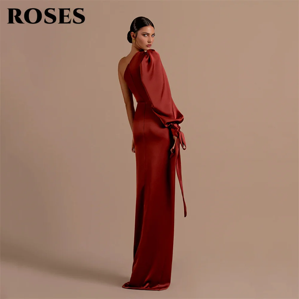 ROSES Burgundy Evening Dresses One Shoulder Full Sleeves Stain Prom Dresses With High Split Pleat Mermaid вечернее платье люкс