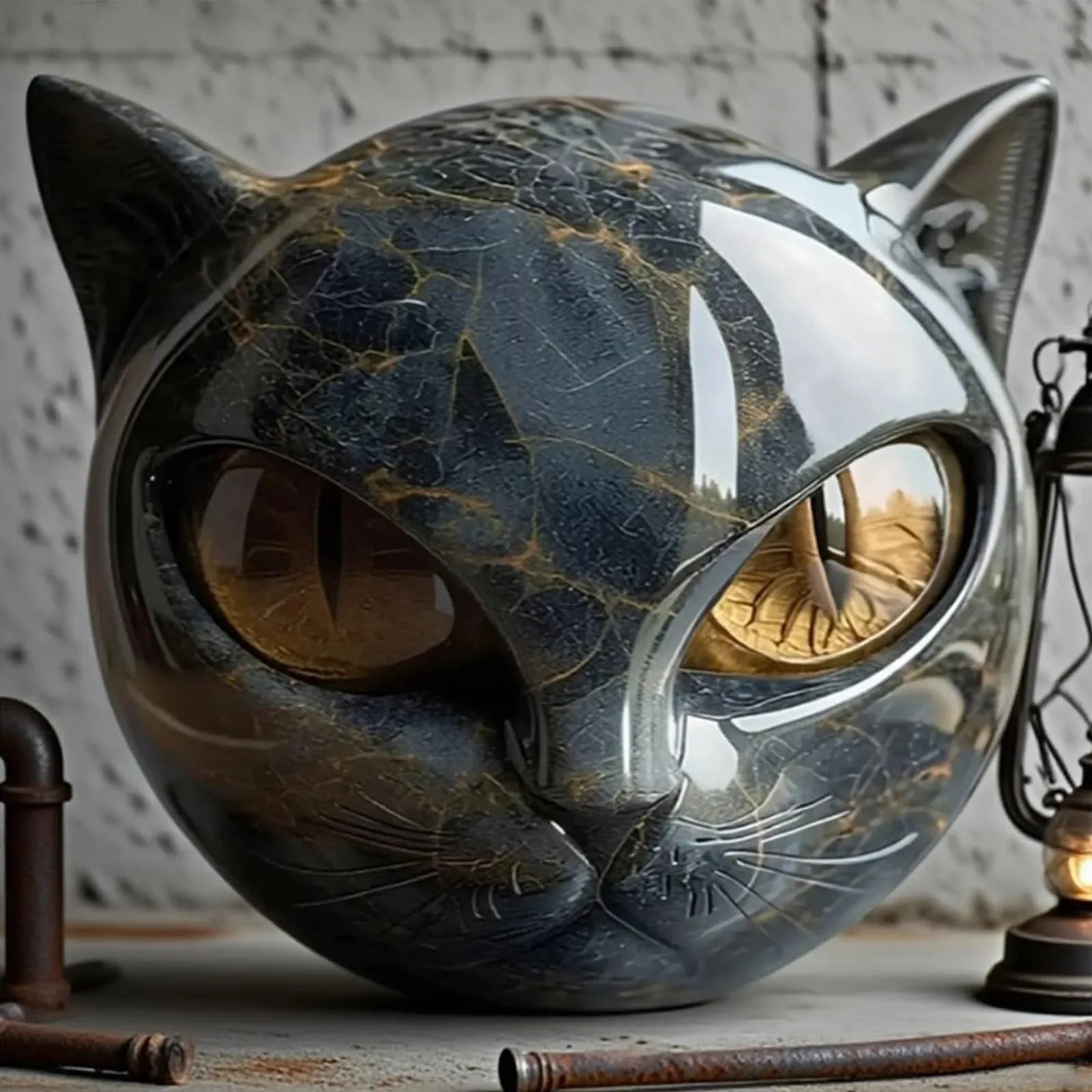 Decorative Black Cat Stone Figurine Resin Cat Head Healing Stone Marble Texture Cat Stone Keepsake Gift Office Desk Cats Decor view 2