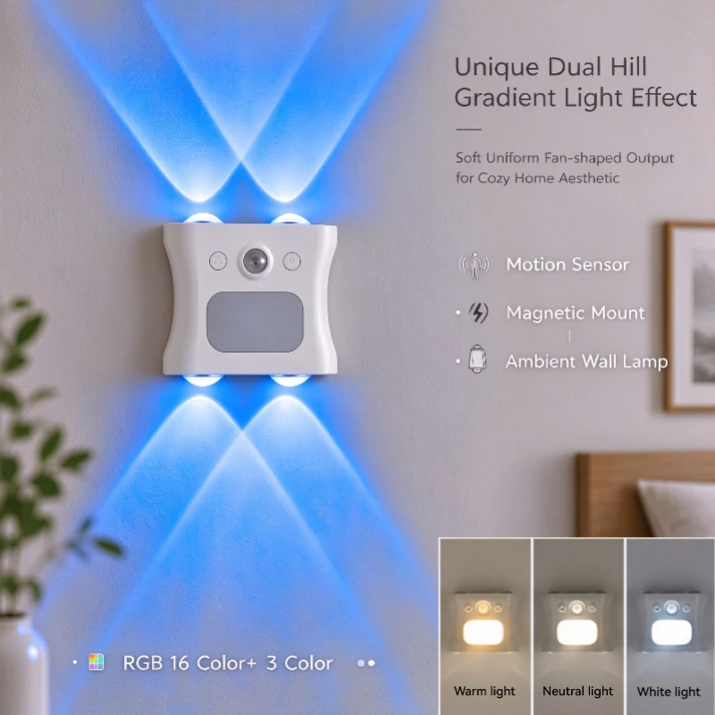 RGB Motion Sensor Wall Lamp Magnetic Ambient Lights Night Light USB Rechargeable Remote Control Dimmable Bedroom Hallway Decor