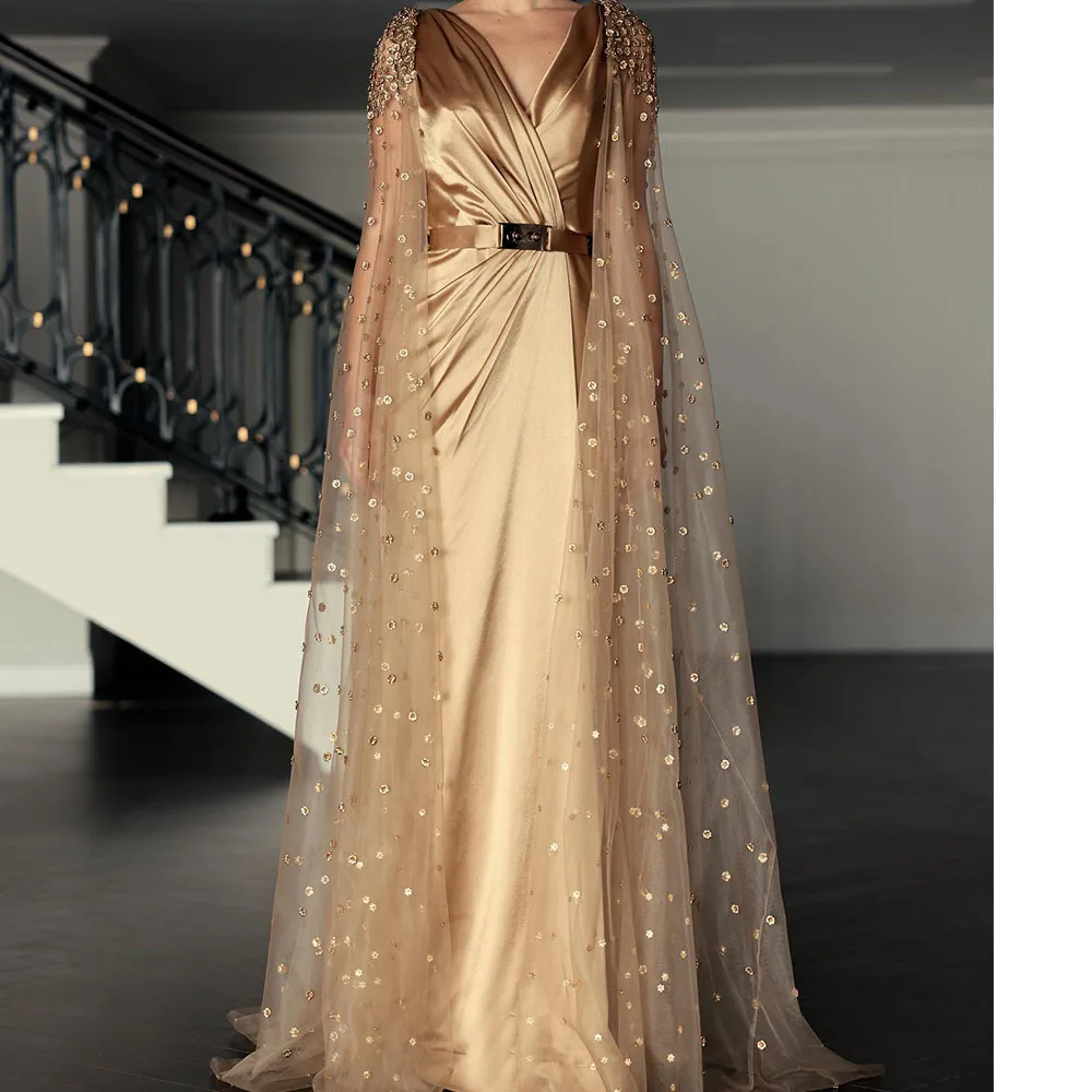 

Customized Luxury Crystal Satin Off the Shoulder Evening Dress Modern V-Neck Straight Long Sleeves Bespoke Occasion Gowns