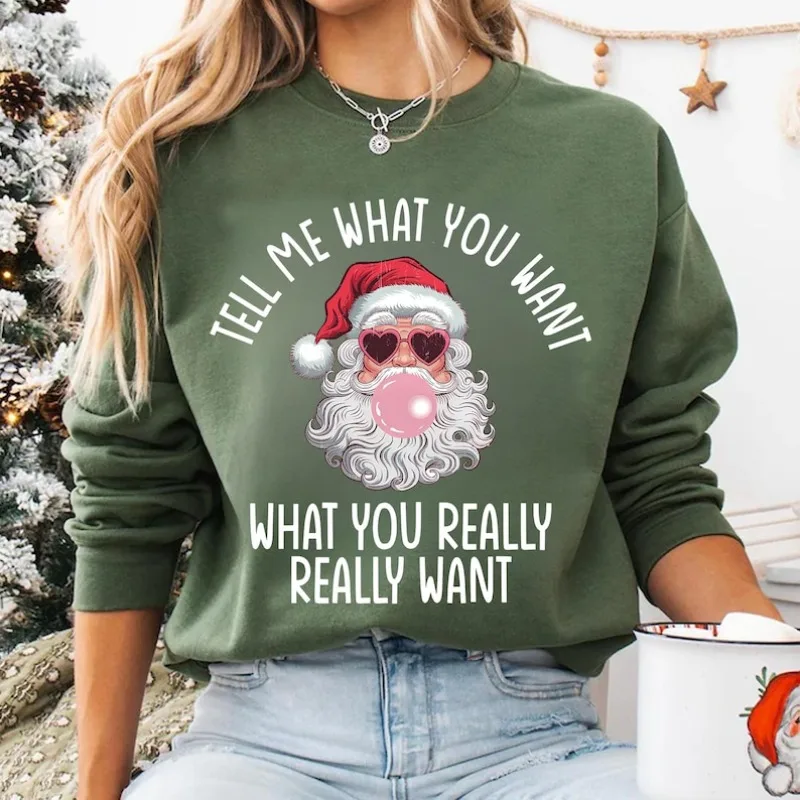 面白いサンタ ポップカルチャー スウェットシャツ 何を望んでいるか教えてください クリスマス バブルガム サンタ トップ 90年代 ノスタルジア ホリデーギフト キッチ クリスマス