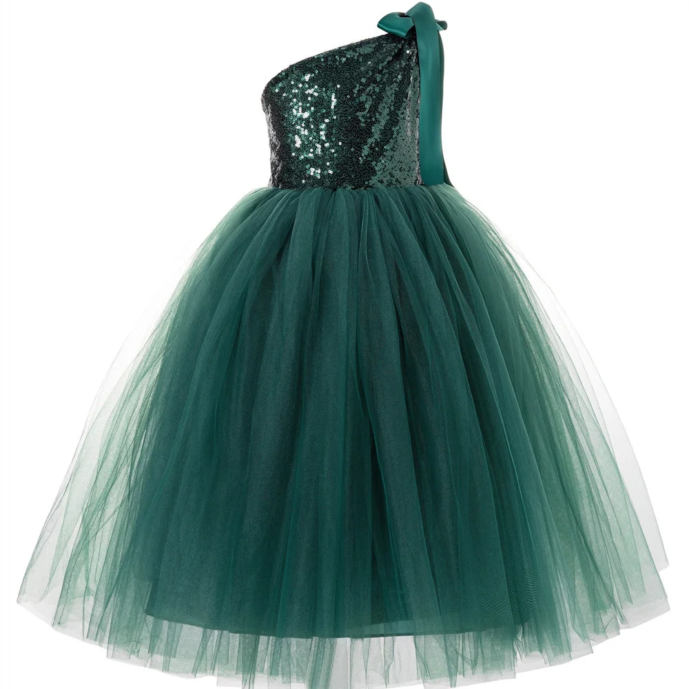 Elegant Sequin Tutu Flower Girls Dress 2023 Cute Daughter Outfits One-Shoulder Tulle Classical Birthday Party Pageant Ball Gowns