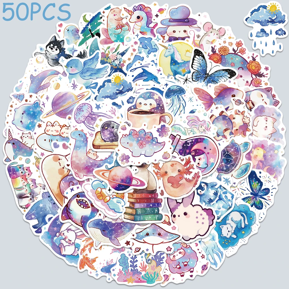 

53pcs Starry Sky Watercolor Creatures Stickers Decals For Phone Scrapbook Skateboard Guitar DIY Graffiti Aesthetic Stickers