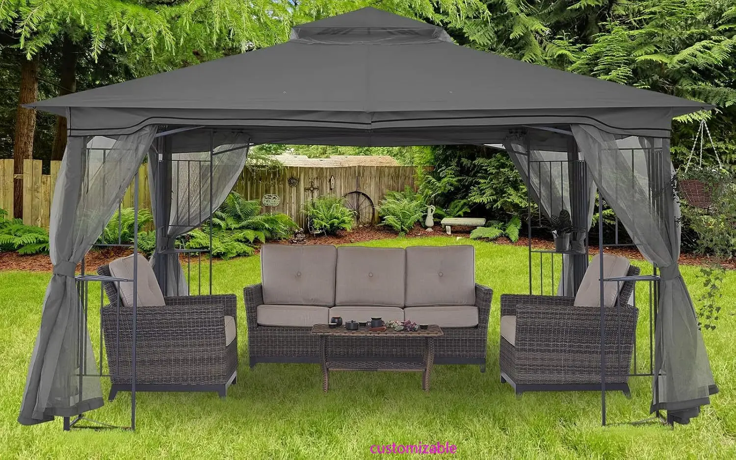 

Patio Outdoor Gazebo With Netting Screen Walls And Corner Shelf Design (11x11,Gray),customizable