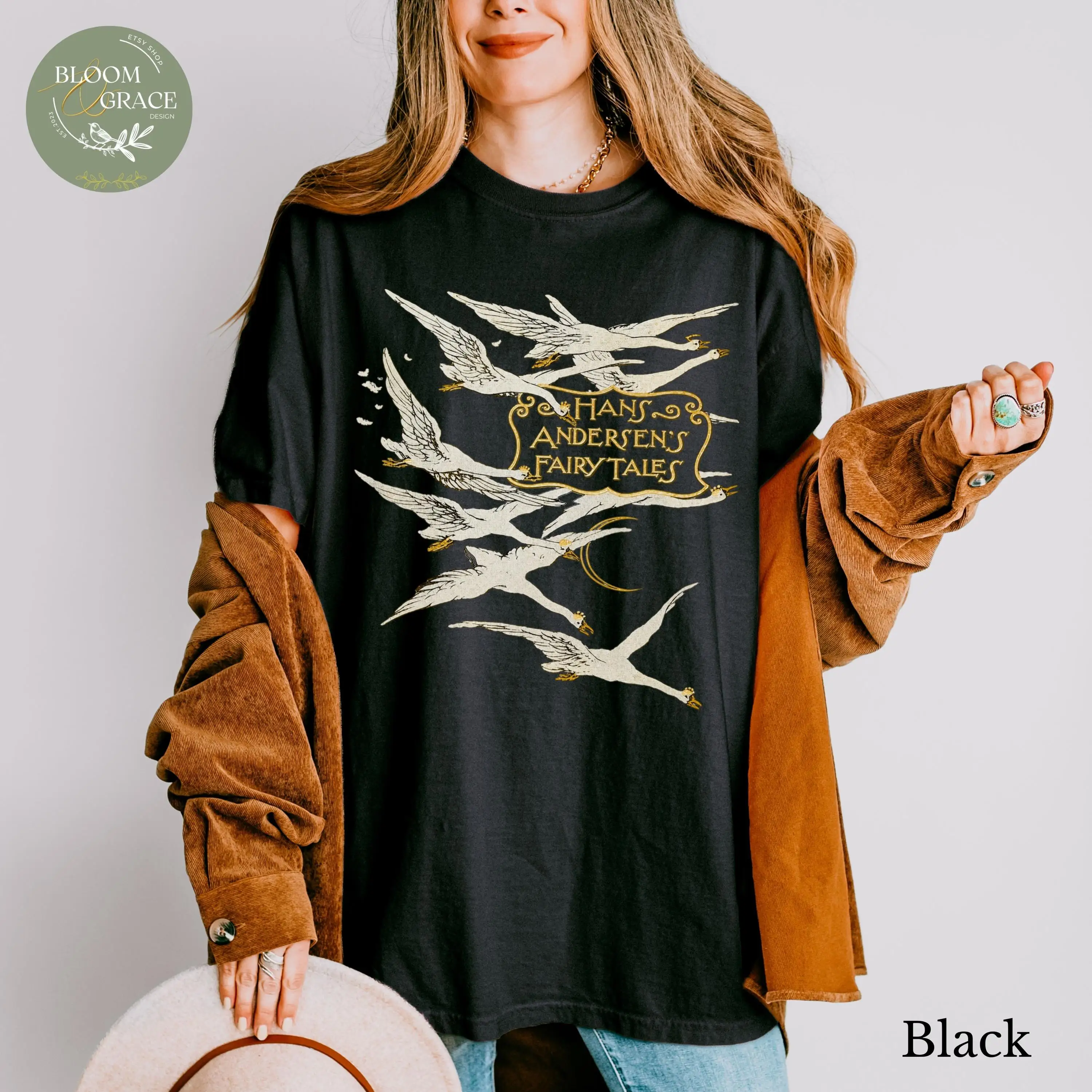 Antique Book Covers Tshirt Hans Christian Andersen Shirt Vintage Fairy Tales Storybook T-Shirt Swans Tee Bird Top Shirt
