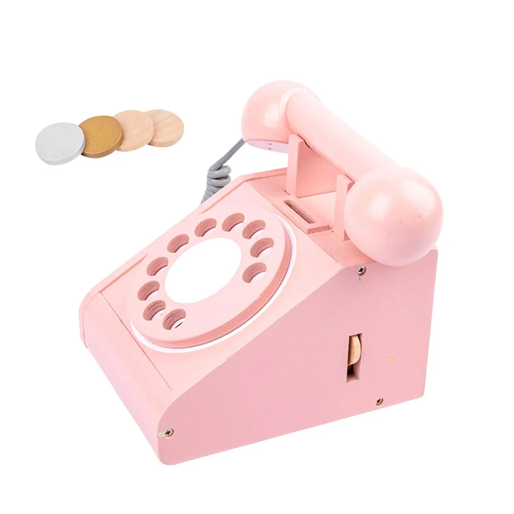 

Retro Pink Wooden Telephone Toy Kids Educational Plaything Simulated Phone Decor Child Hand Brain Development Interactive Parent