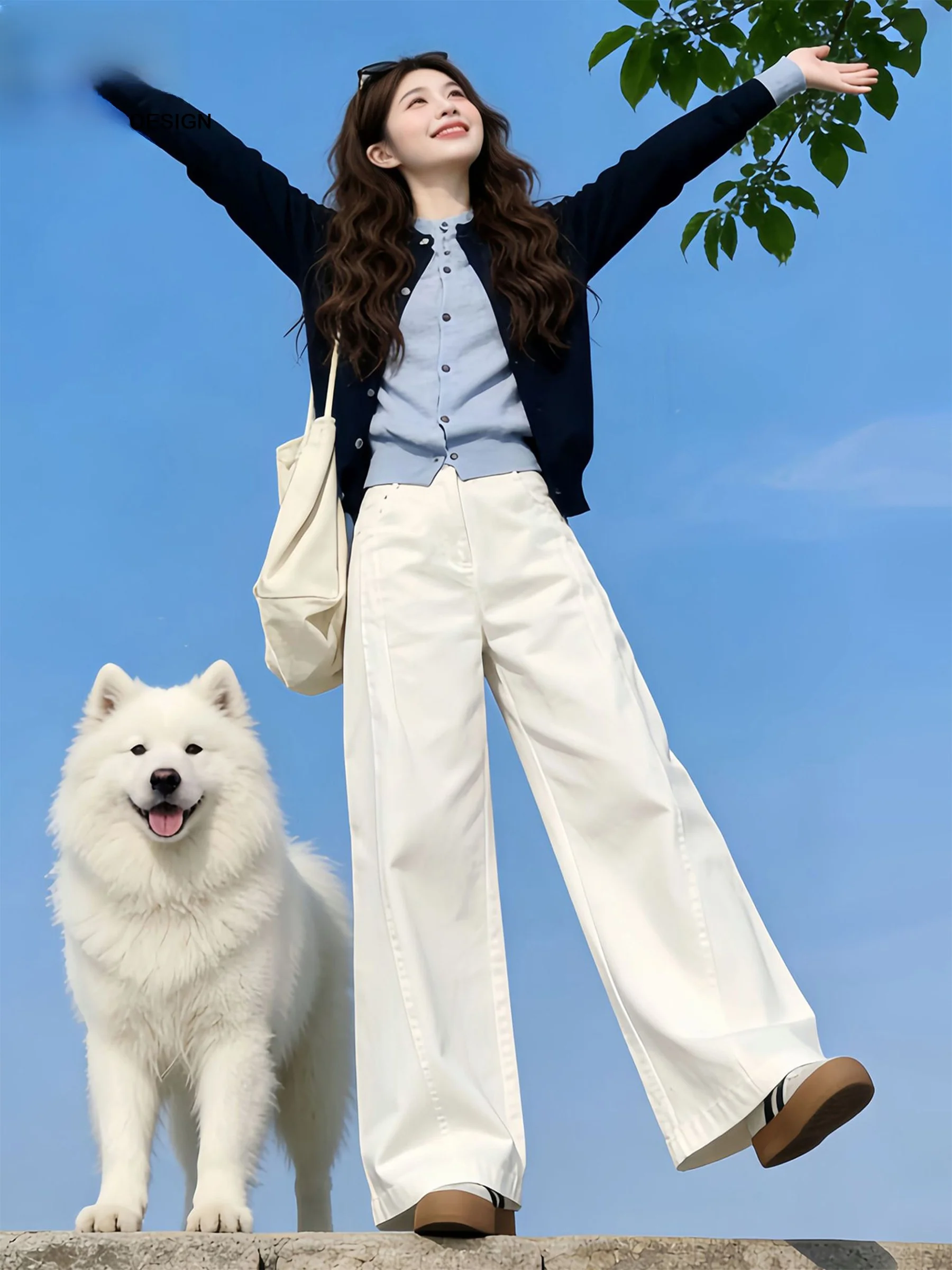 

White American Minimalist Wide Leg Jeans Women's Loose Slim Straight Long Pants Spring Summer Casual High Waist Denim