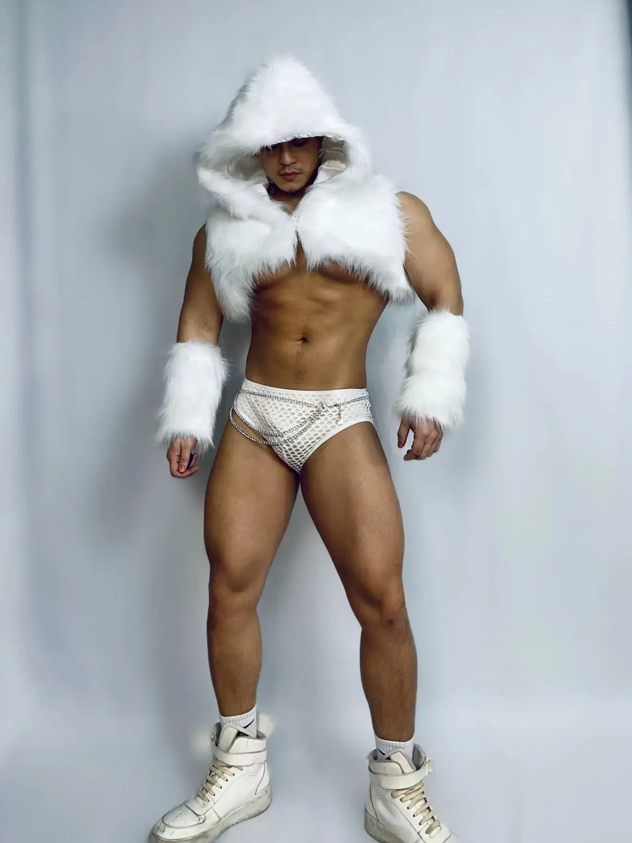나이트클럽 파티 남성 여성 고고 코스튬 화이트 메쉬 인조 모피 상의, 반바지 복장, 섹시한 무대 착용, DJ 폴 댄스 팀 공연