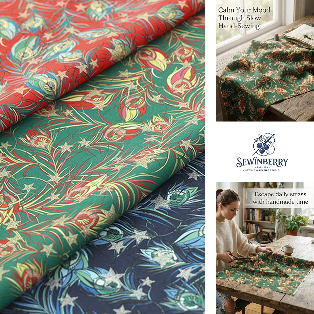 Vintage Peacock Feather Star Printed Cotton Fabric Stress-Relief DIY Sewing Material For Dress Blouse Fat Quarter Patchwork Home