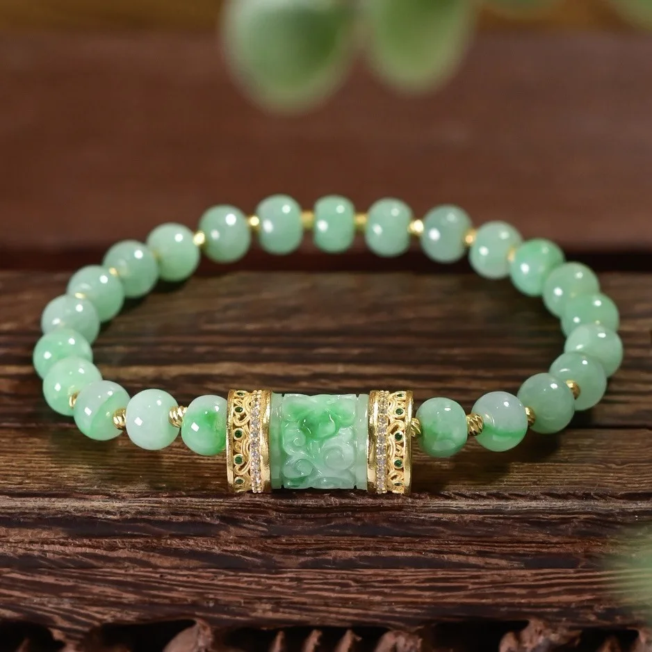 Natural Grade A Carved Jadeite Apple Bead Bracelet, Gilded S925 Silver Chinese Women Wrist Jewelry