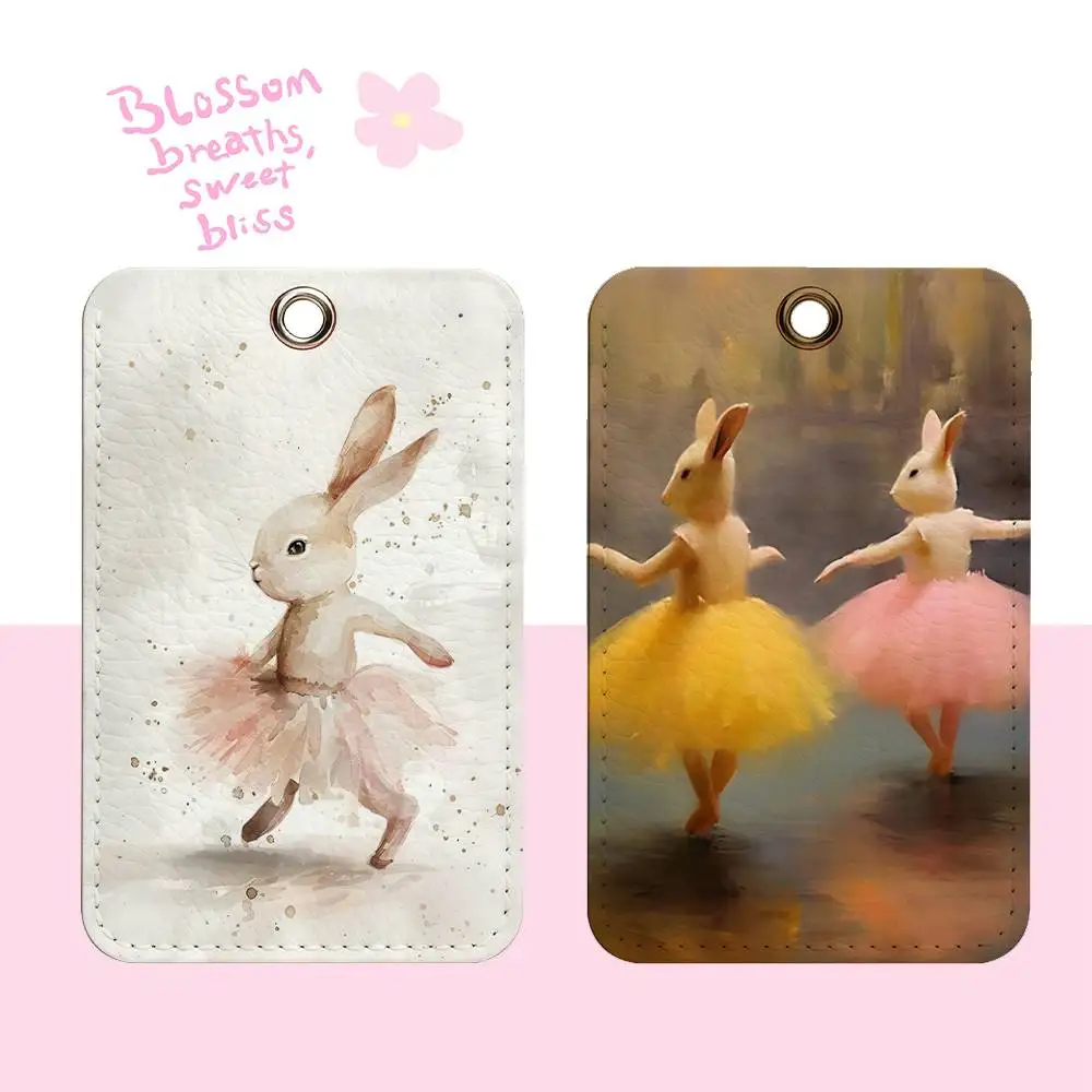 

Cute Ballerina Bunny Ballet Canvas Rectangle ID Card Case Keychain Access Card Bag Key Tag Ring Leather Card Holder Key Ring