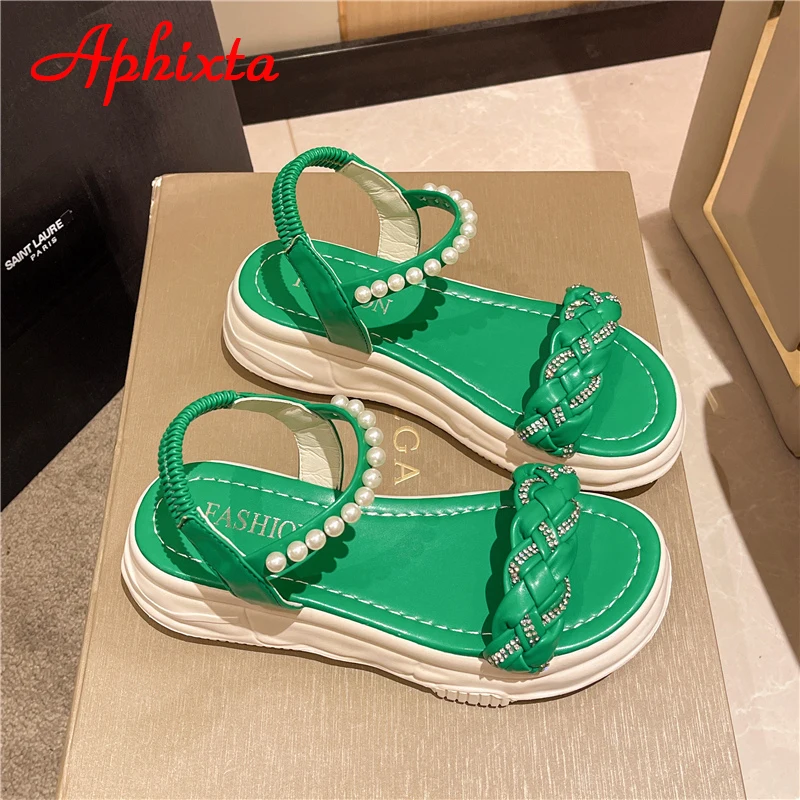 Aphixta Summer Green PearlString Bead Sandals Women Platfom 5cm Wedge Heel Shoes Contexture Rope Cool Crystals Slide