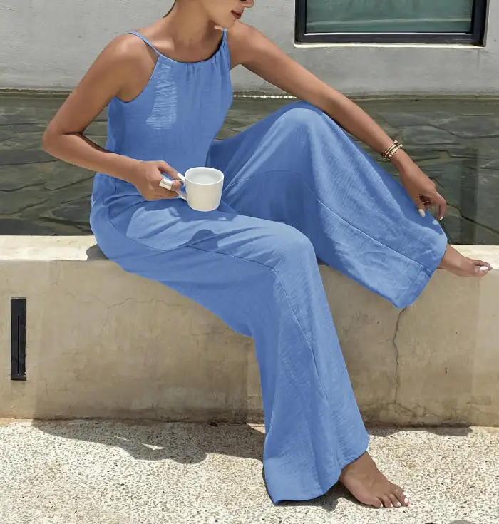 Jumpsuit Women 2026 Spring Summer New Solid Color Round Neck Sleeveless Loose Fit Casual Vacation Wide Leg Long Jumpsuit