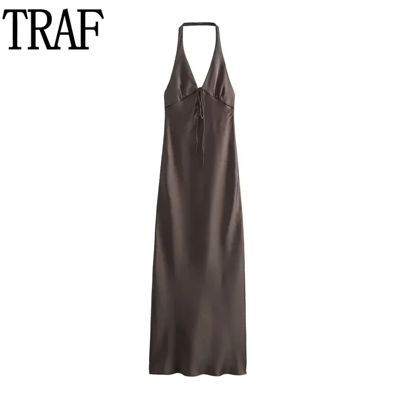 TRAF Satin Long Dresses For Women Off Shoulder Halter Dress Woman Backless Slip Party Dresses Tied Sexy Midi Evening Dresses