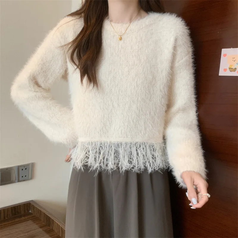 Soft Gentle White Mink Fur Tassel Sweater Women With A Niche Design, Suitable For Autumn And Winter Short Knitwear