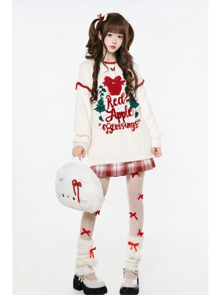 Original American Letter Embroidery Round Neck Mink Imitation Sweater Lolita Girl Winter Christmas Outfit Lazy Style Sweater