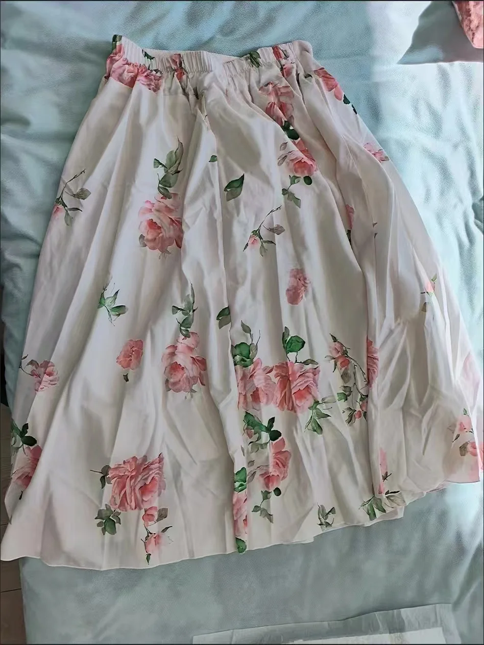2025 summer long skirt women Korean white chiffon flower printed high waist midi skirt female