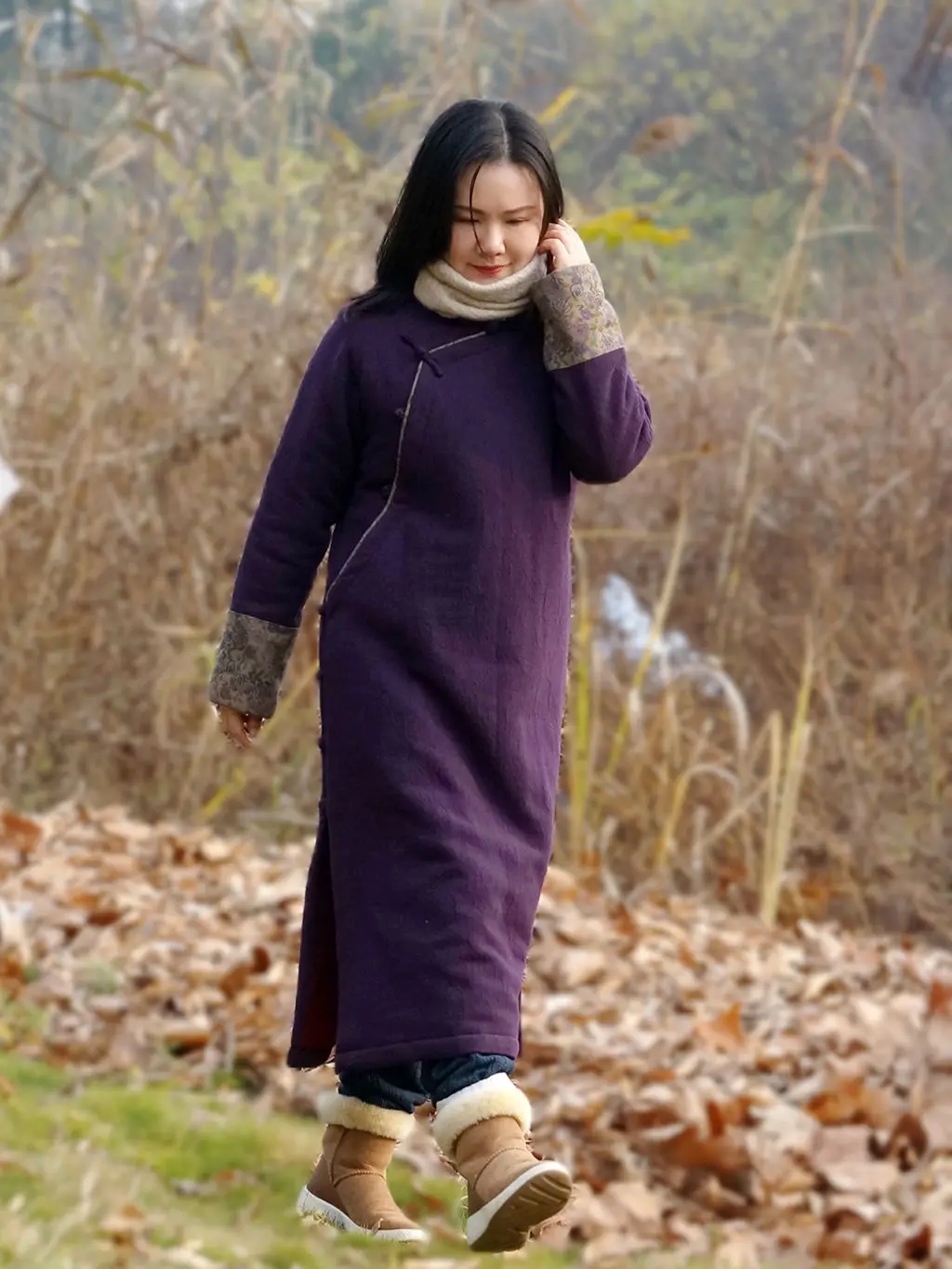 

Оригинальное женское зимнее платье из чистого хлопка в стиле ретро с пэчворком, фиолетовое, в китайском стиле, с флагом, с квадратным вырезом