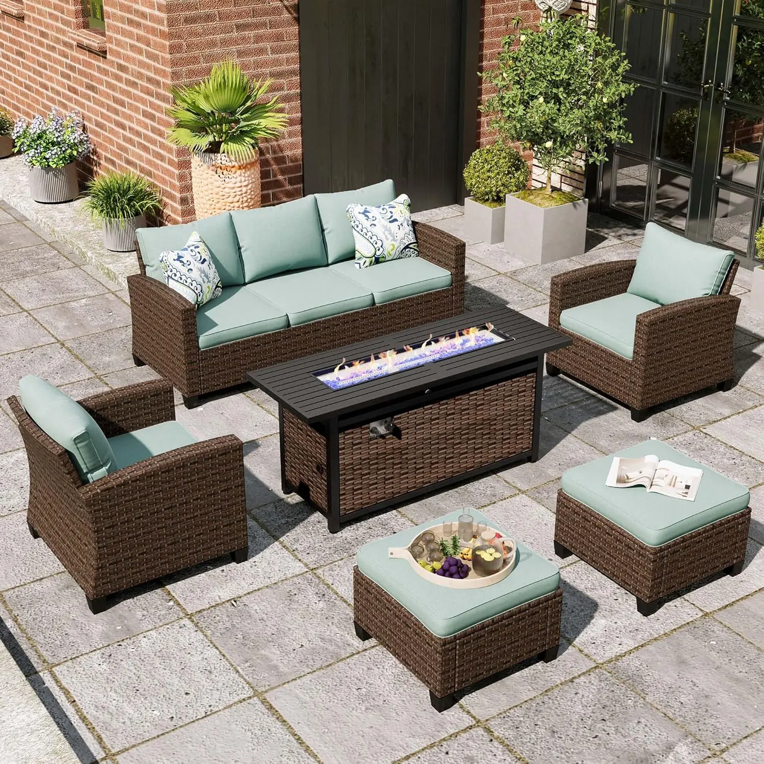 

Patio Furniture Set, Wicker Outdoor Conversation Set, Single Chairs, Seater Sofa and Ottoman with Cushion and Fire Pit Table