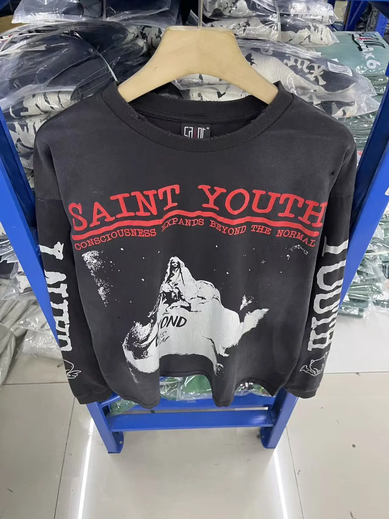 Bonne qualité 25ss SAINT bleu course costume à manches longues imprimé mode hommes femmes coton japon Style Vintage Style américain T-Shirt