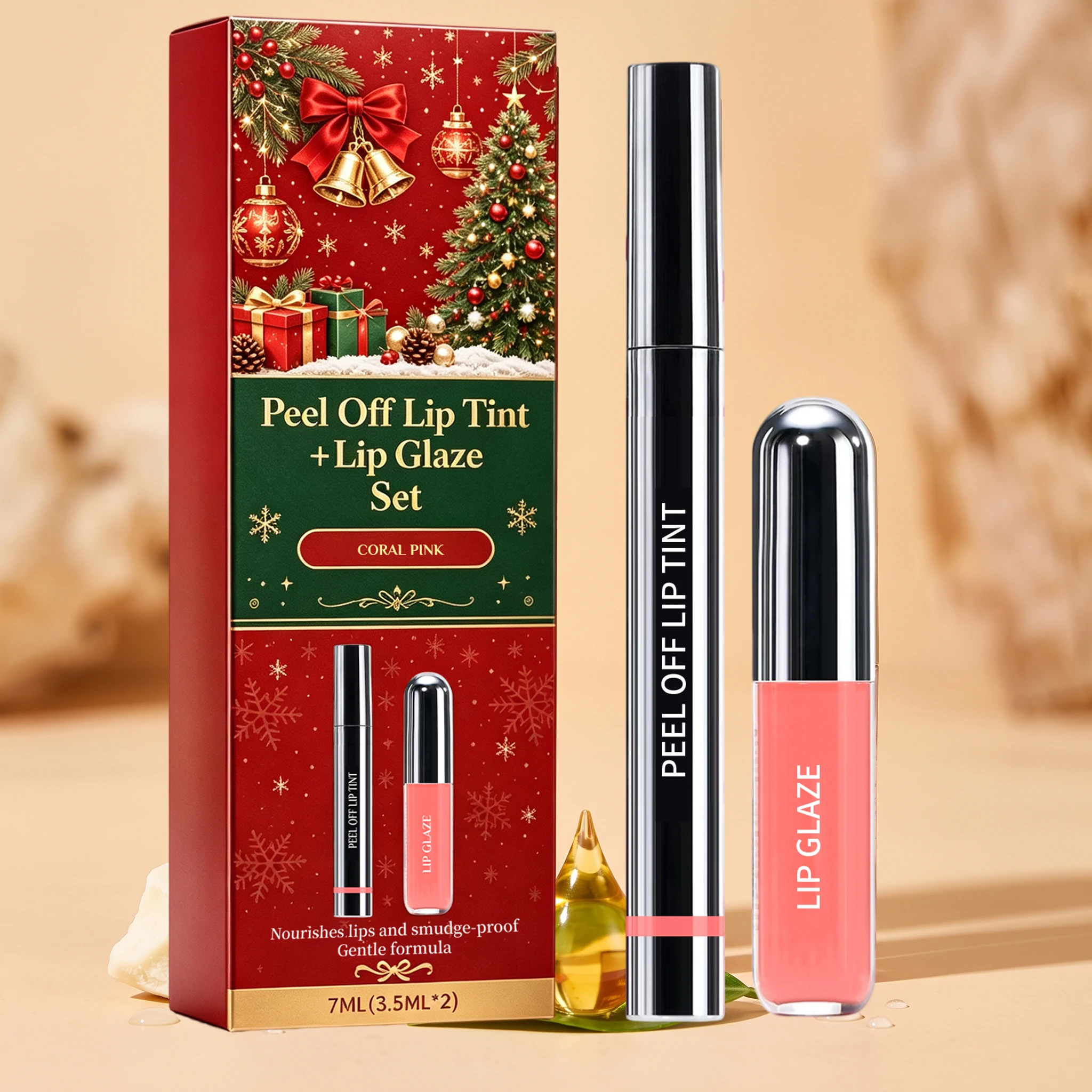 Christmas Peel Off Lip Tint And Lip Glaze Set Coral Pink 2 In 1 Long Lasting Smudge Proof Lip Makeup Gift Set For Women