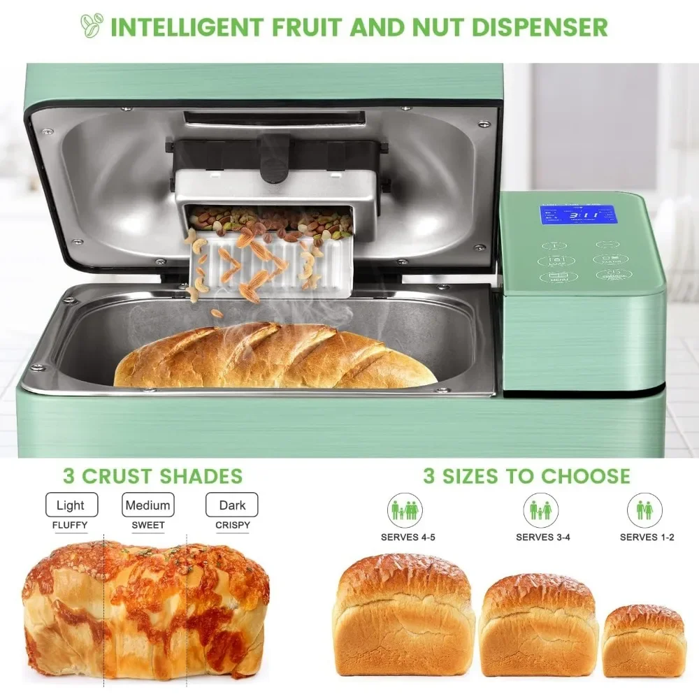Bread Maker, 2.2LB, 17-in-1 Breadmaker , Pizza Auto Nut Dispenser,Ceramic Pan, 3 Loaf Sizes 3 Crust Colors,15H Timer,Recipes