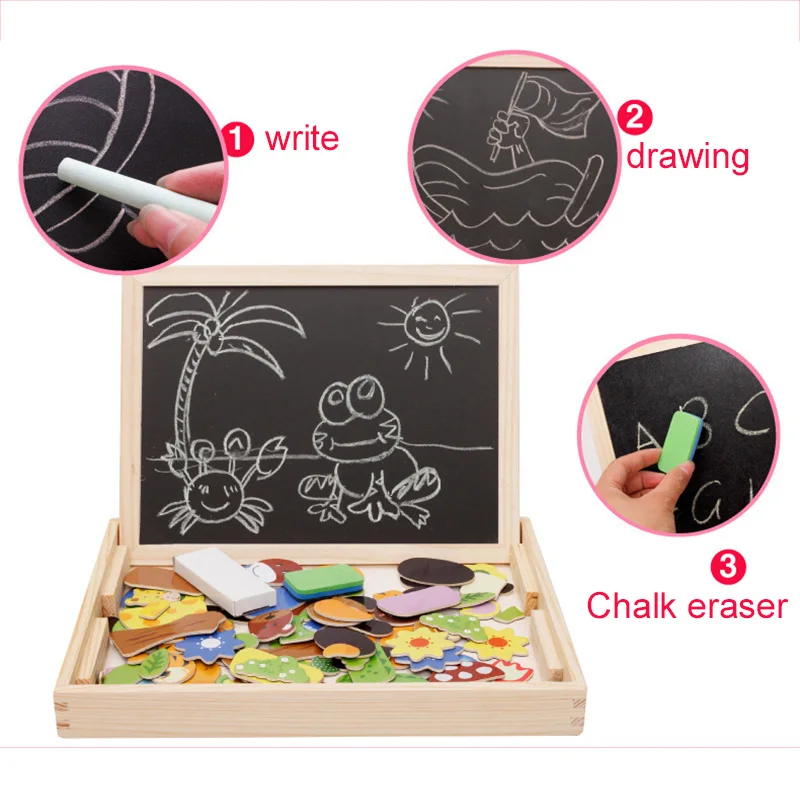 Children Wooden Multifunction Animal Puzzle Drawing Toy Board Blackboard Magnetic Writing Kids Learning Education Toys TMZ
