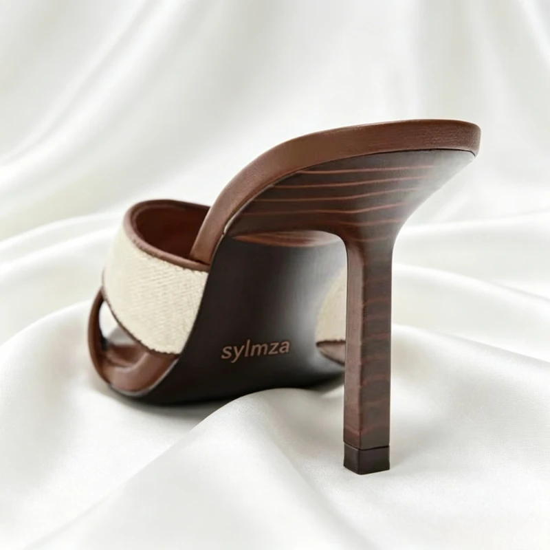 Fashion Wide Cross-Tied Mule Sandals Women Retro Contrasting Material Binding Slide Sandals Sexy Pointed-Toe Stiletto Dress Shoe view 4
