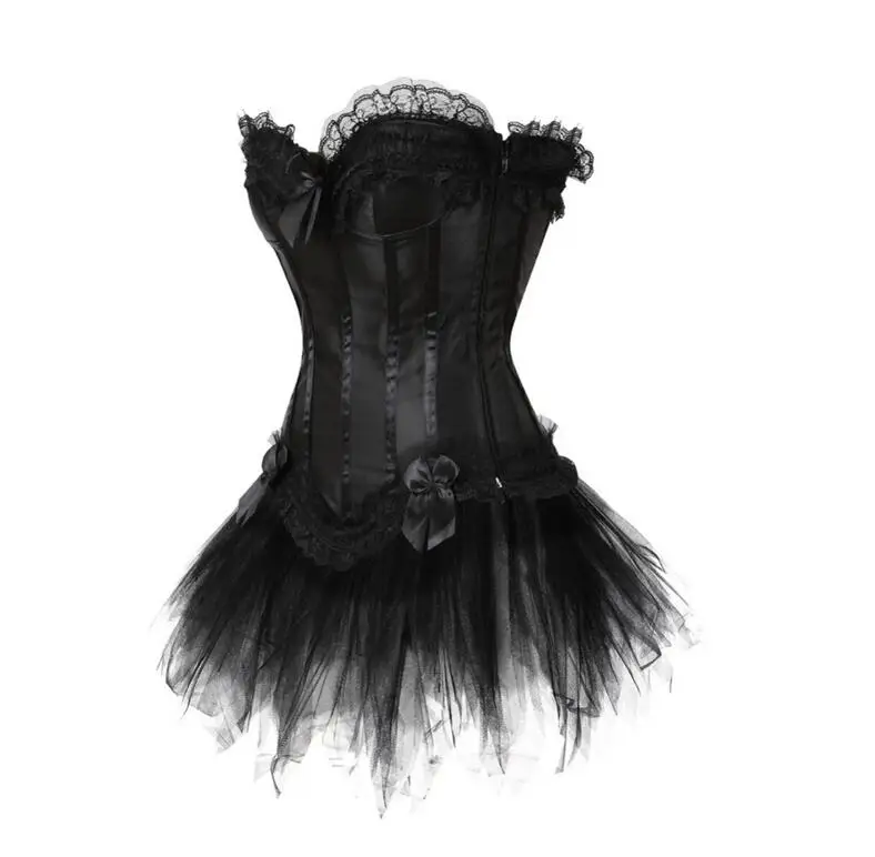 Gothic Sexy Corset Dress Bowknots Boned Bustier Burlesque Waist Trainer Body Shaper Slimming Lace Corset Tops With Mini Skirt