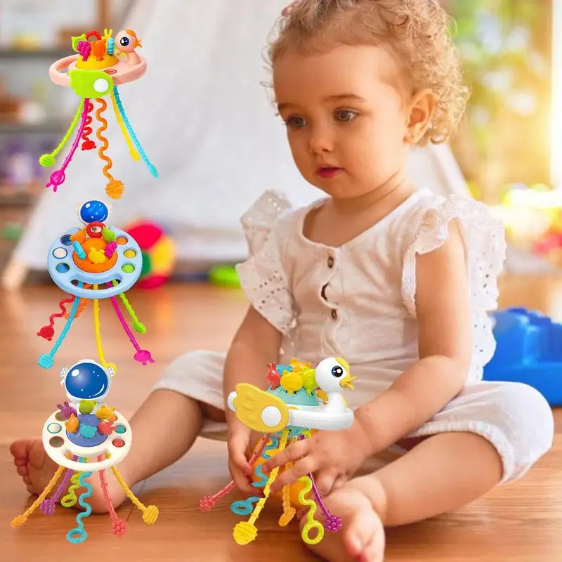 3 In 1 Develop Teething Montessori Sensory Toys Baby Toy Pull String Travel Toys 1-3 Years Silicone Pull String Educational Toys