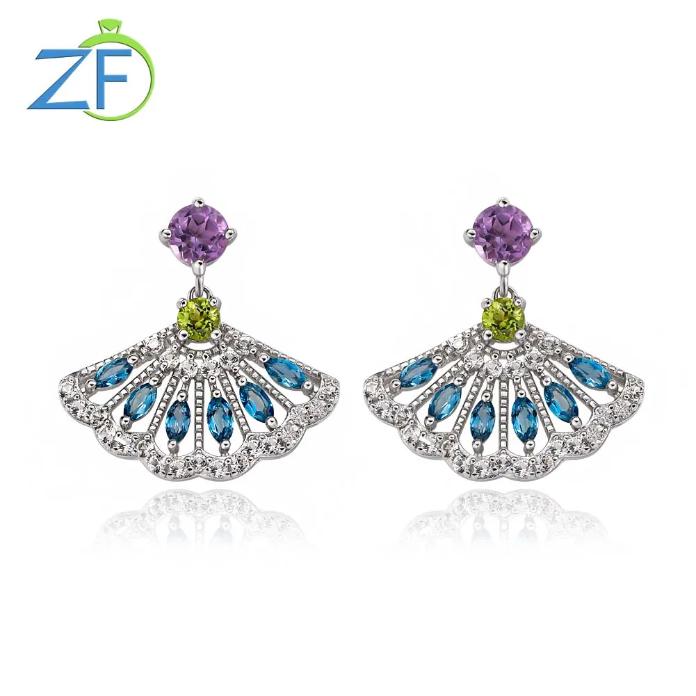 

GZ ZONGFA Pure 925 Sterling Silve Fan Skirt Drop Earrings for Women Natural Opal Tourmaline 2ct Colorful Mixed Gems Fine Jewelry