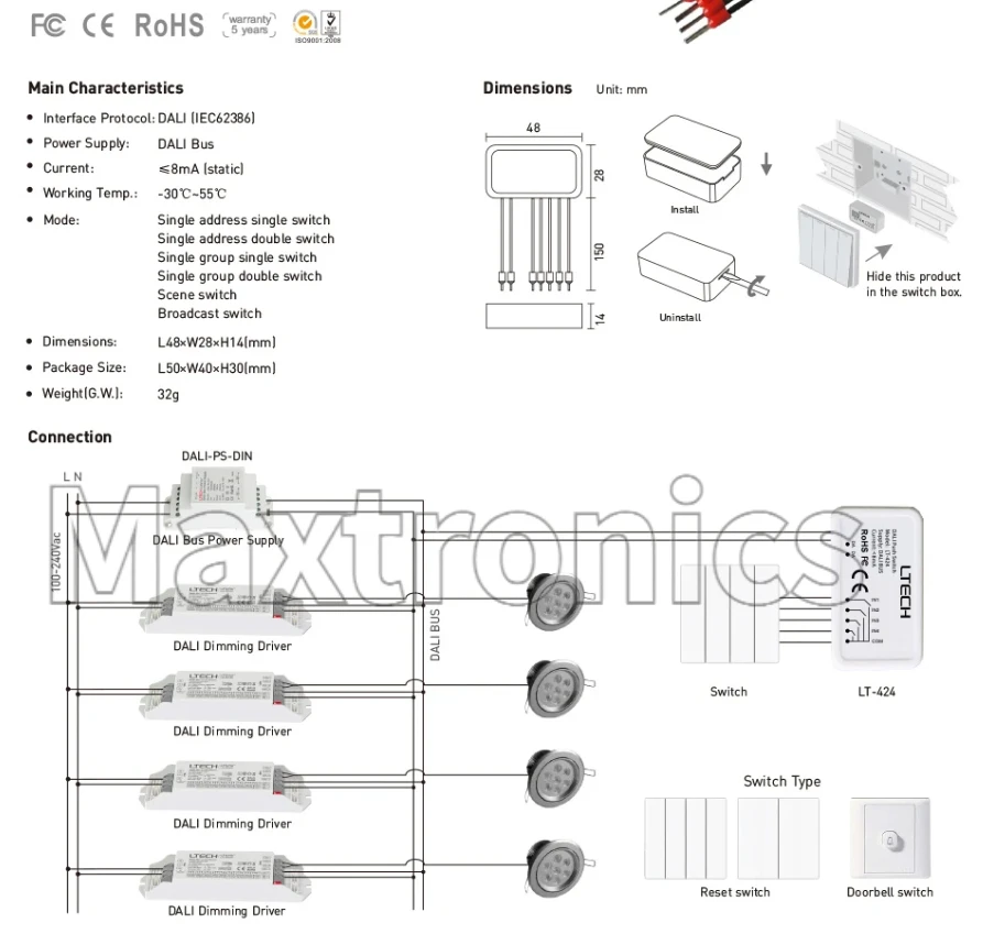 Saklar DALI Push Switch LTECH 6 in 1 Fungsi Baru LT-424 Operasi Tegangan Rendah Saklar On/Off LED Saklar Bus DALI untuk Lampu Strip LED