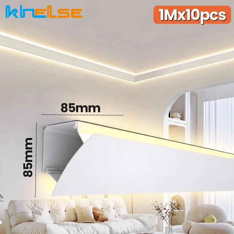 85x85mm Top Corner Line LED Aluminum Profile Ceiling-Free Mounted Linear Channel Up Down Glow Wall Washer Gypsum Bar Strip Light